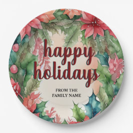 Prato De Papel Feriado da Terra Verde Joyful e Poinsettia Vermelh