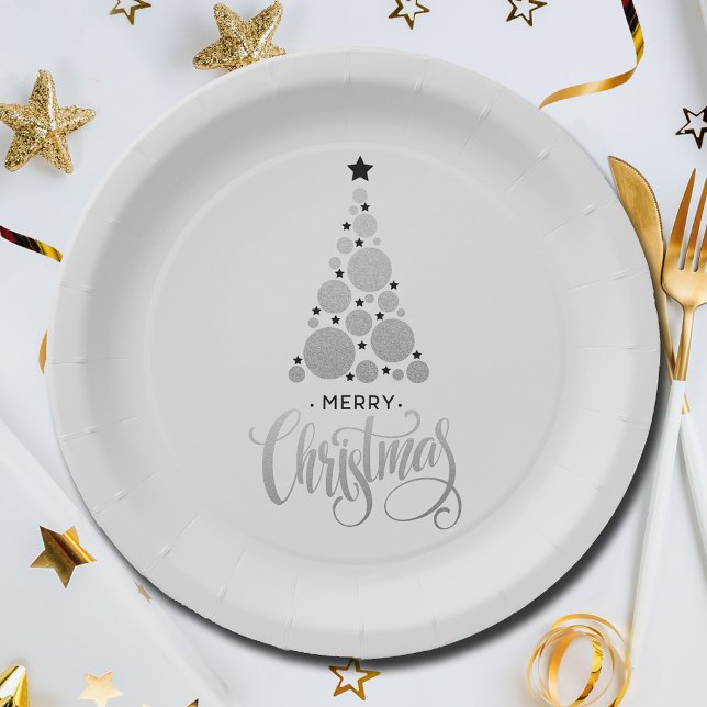 Prato De Papel Feriado de Árvore de Natal de Prata Moderna (Modern Silver Christmas Tree Holiday Paper Plates)