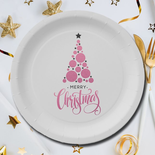 Prato De Papel Feriado de Árvore de Natal Rosa Moderno (Modern Pink Christmas Tree Holiday Paper Plates)
