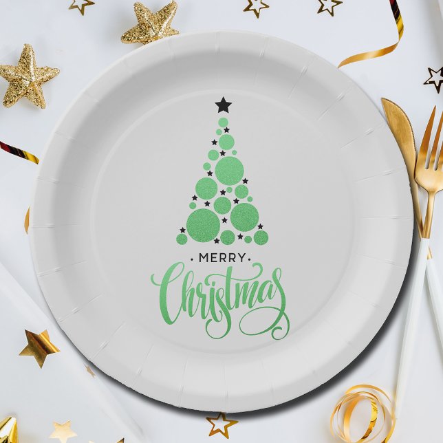 Prato De Papel Feriado de Árvore de Natal Verde Moderno (Modern Green Christmas Tree Holiday Paper Plates)