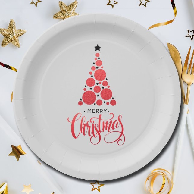 Prato De Papel Feriado de Árvore de Natal Vermelho Moderno (Modern Red Christmas Tree Holiday Paper Plates)