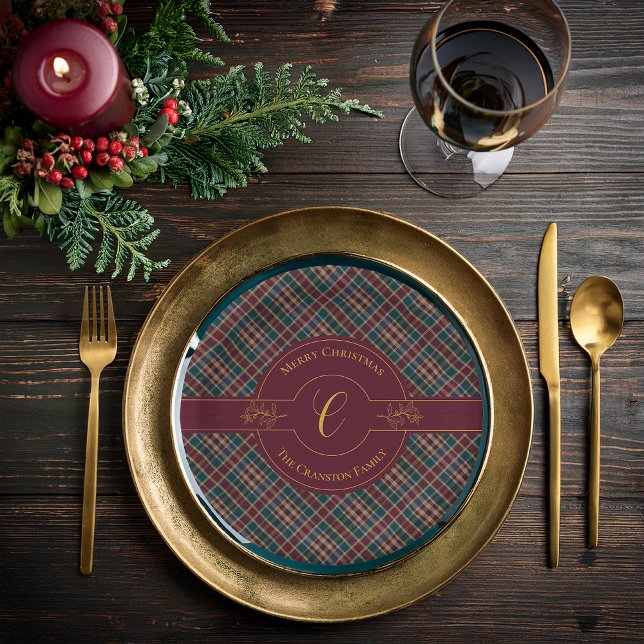 Prato De Papel Feriado de Natal da Xadrez do Monograma Dourado El (Elegant Gold Monogram Holly and Berries and Rich Dark Plaid Christmas Holiday Paper Plates)