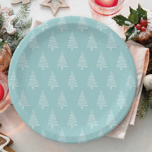 Prato De Papel Feriado de Padrão de Árvore de Natal Azul E Branco (Blue And White Christmas Tree Pattern Holiday Paper Plates)