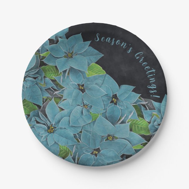 Prato De Papel Feriado de Poinsettia Azul Não-tradicional (Frente)
