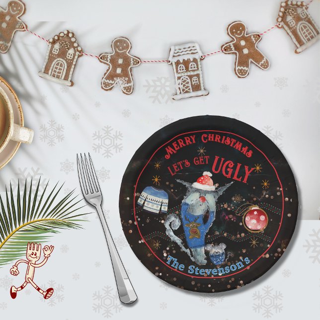 Prato De Papel Feriado de Rato e Gato de Doce Feio (Ugly Sweater Cat & Mouse Holiday Paper Plates)