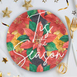 Prato De Papel Férias de Natal da Estação Poinsettia<br><div class="desc">Esta é a temporada em caracteres brancos em poinsetos e folhas vermelhas e douradas,  essas placas de papel estão disponíveis em dois tamanhos. A combinar guardanapos de papel e muito mais na nossa loja.</div>