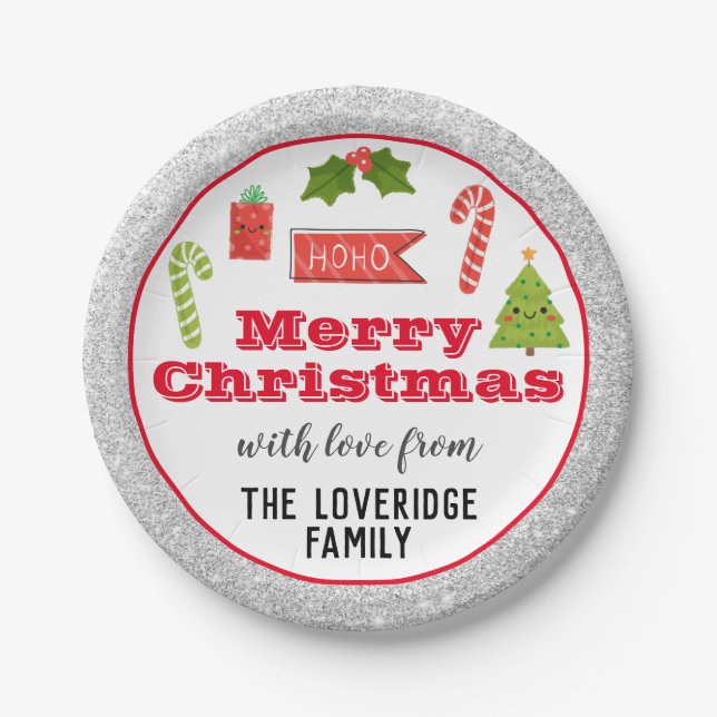 Prato De Papel Férias Festivas Feliz Natal Red Silver Glitter (Frente)