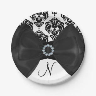 Prato De Papel Festa Black & White Damask Brilho Laço Glam Sweet
