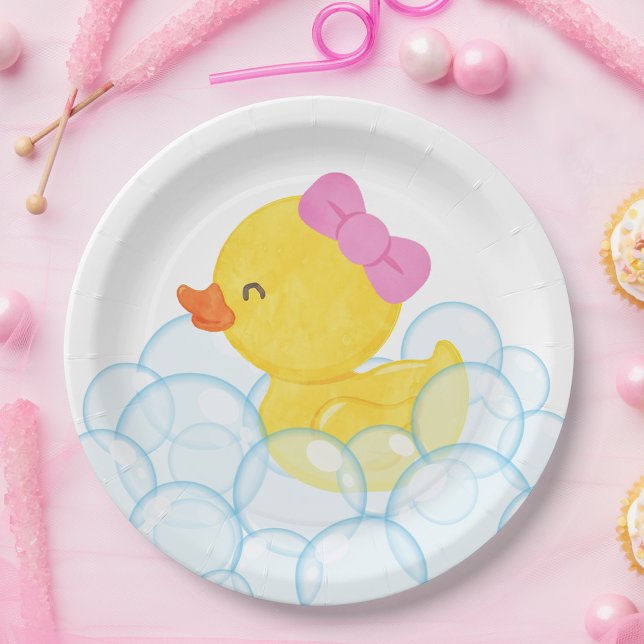 Prato De Papel Festa Branca de Borracha com Aquarela (Watercolor Girl Rubber Duck Paper Party Plates on White for Birthday or Baby Shower)