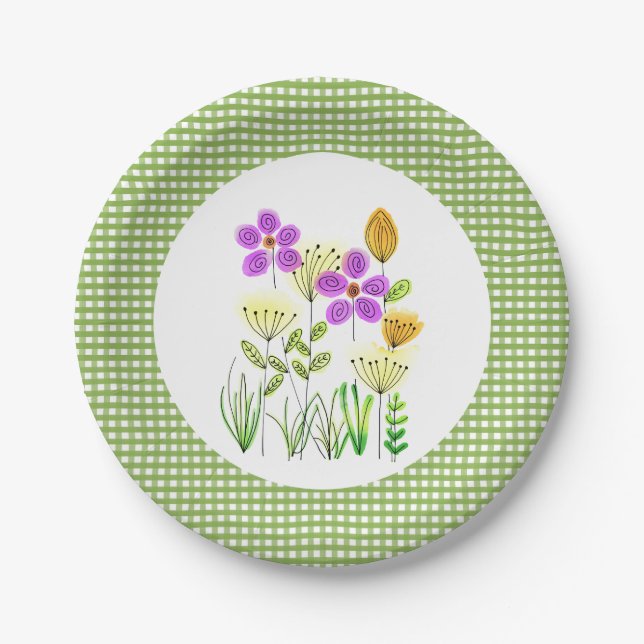 Prato De Papel Festa Country Style Green Gingham e Flores Silvest (Frente)