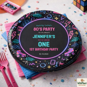 Prato De Papel Festa de 1º Aniversário com Neon Retro Moderno dos