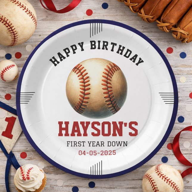 Prato De Papel Festa de 1º Aniversário do First Year Down Basebal (First Year Down Baseball 1st Birthday Party Paper plate)