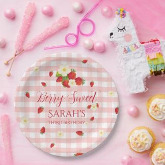 Prato De Papel Festa de 3º Aniversário Berry Sweet Strawberry
