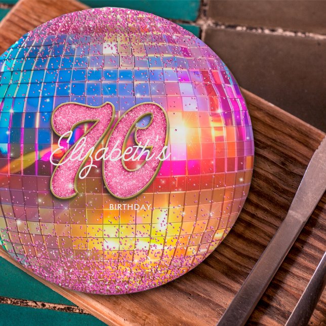 Prato De Papel Festa de 70 Anos Bola de Discoteca Brilho Dourado  (Criador carregado)