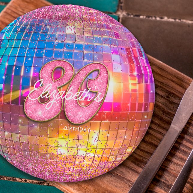 Prato De Papel Festa de 80 Anos Bola de Discoteca Brilho Dourado  (Criador carregado)