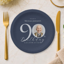 Festa de 90 Anos Elegante Foto Prata Azul Marinho