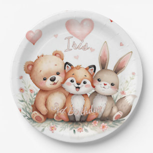 Prato De Papel Festa de Animais da Floresta Corações Rosa Pastel