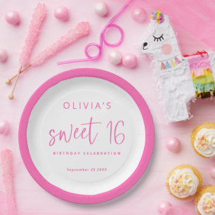 Prato De Papel Festa de aniversário 16 Hot Pink do Script Moderno