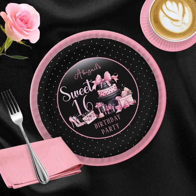 Prato De Papel Festa de aniversário 16 Suave de Moda Preta Glam (Glam Pink and Black French Couture Fashion Sweet 16 Birthday Party Paper Plates)