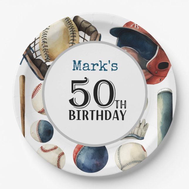 Prato De Papel Festa de aniversário 50ª Baseball (Frente)