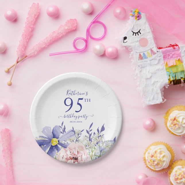 Prato De Papel Festa de aniversário 95ª Floral Púrpura Elegante (Festa)