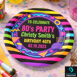 Prato De Papel Festa de Aniversário Adulto Retro Neon 80s
