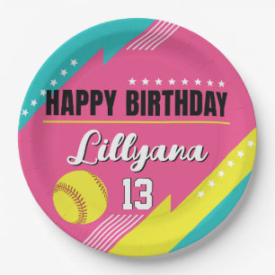 Prato De Papel Festa de aniversário Amarelo-Teal Rosa-Softball, Q