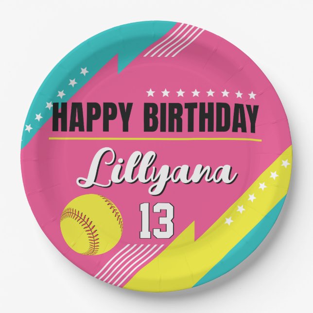 Prato De Papel Festa de aniversário Amarelo-Teal Rosa-Softball, Q (Frente)