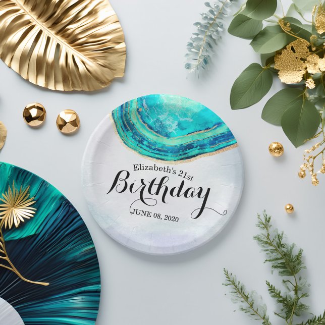Prato De Papel Festa de aniversário Aquarela Teal e Garrafa Doura (Criador carregado)