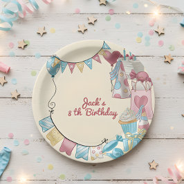 Prato De Papel Festa de aniversário com balões e presentes para c