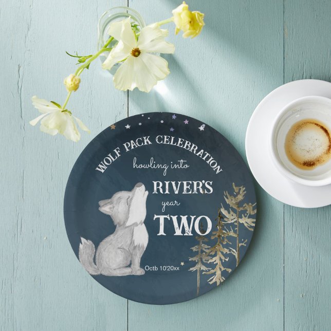 Prato De Papel Festa de aniversário com tema de lobo pequeno impr (Howling into two Little wolf themed birthday party printed paper plates personalized tableware decor)