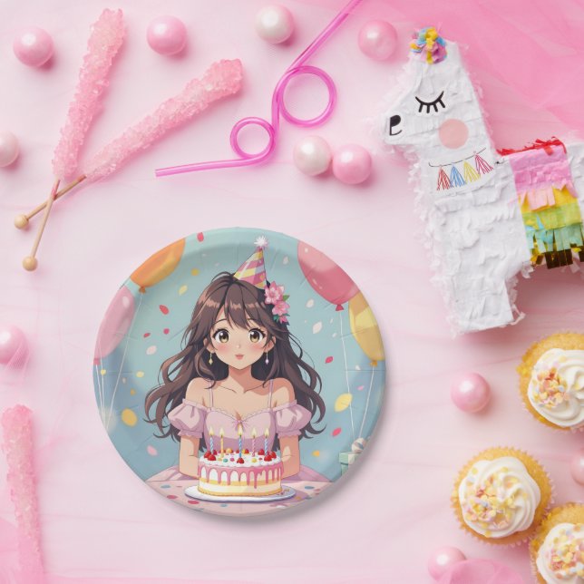 Prato De Papel Festa de aniversário da garota de anime bonita (Festa)