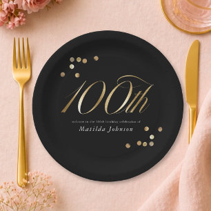 Prato De Papel Festa de Aniversário de 100 anos Elegante Preto e 