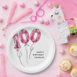 Prato De Papel Festa de Aniversário de 100 Anos Minimal Rosa Balã