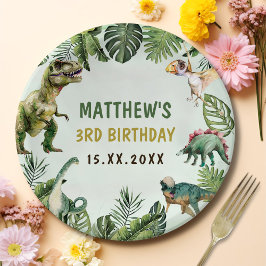 Prato De Papel Festa de aniversário de 3 anos de Menino Dinossaur