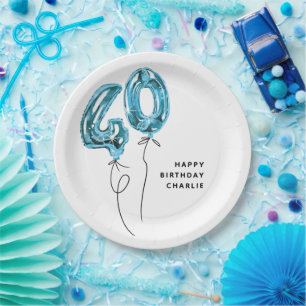 Prato De Papel Festa de Aniversário de 40 Anos Minimal Azul 40 Ba
