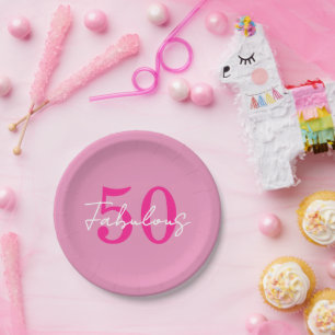 Prato De Papel Festa de Aniversário de 50 anos Rosa Moderno 50 e