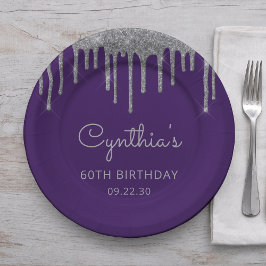 Prato De Papel Festa de Aniversário de 60 anos Purple Silver Glit