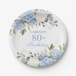 Prato De Papel Festa de Aniversário de 80 anos com Hortênsia Azul