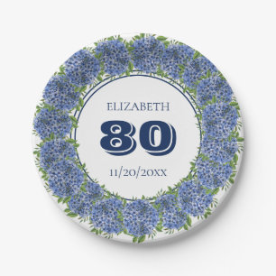 Prato De Papel Festa de Aniversário de 80 anos com Hortênsias Azu