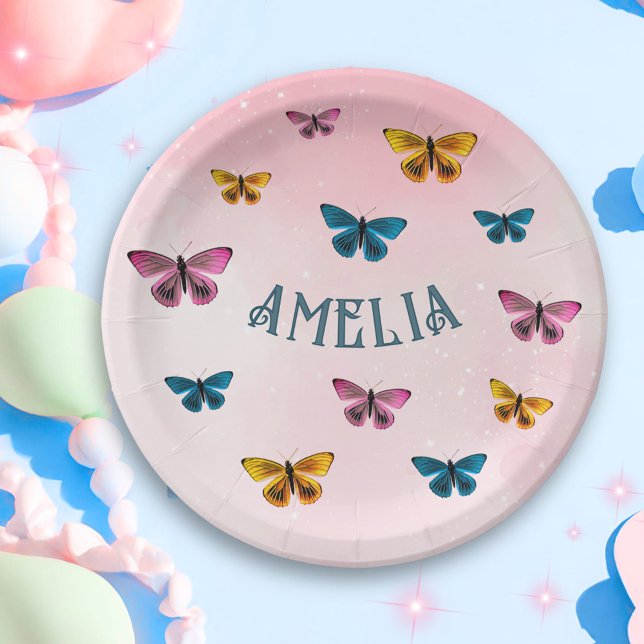 Prato De Papel Festa de aniversário de borboleta rosa branca (Criador carregado)