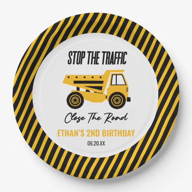 Prato De Papel Festa de aniversário de Bulldozer de Bomba de Cons (Frente)