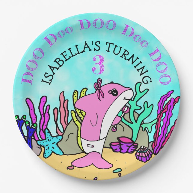 Prato De Papel Festa de aniversário de coral de tubarão-bebê (Frente)