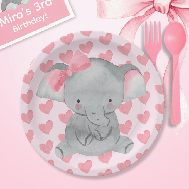 Prato De Papel Festa de Aniversário de Elefante Feminino Fofo com (Criador carregado)