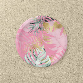 Prato De Papel Festa de aniversário de Folhas Tropicais Rosa e Do