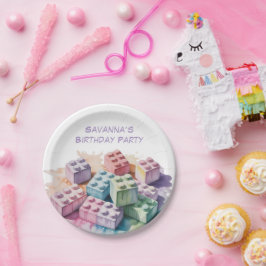 Prato De Papel Festa de aniversário de Garota de Bloco de Constru