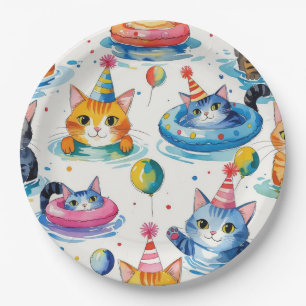 Prato De Papel Festa de Aniversário de Gato na Piscina para Amant