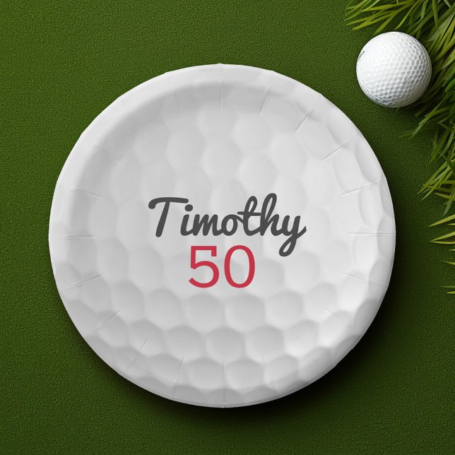 Prato De Papel Festa de aniversário de Golf - 50 ou outro ano (Golf Theme Birthday Party Plate - Customize with Name Personalize with birthday party information)