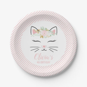 Prato De Papel Festa de aniversário de Kitten Floral gatinho Pla