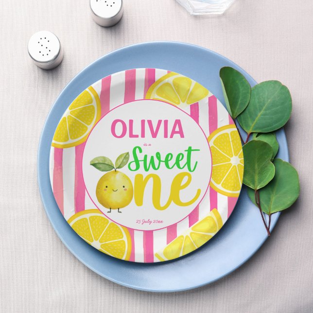 Prato De Papel Festa de aniversário de limonada rosa doce (Sweet one pink lemonade summer lemon girls birthday party personalized printed paper plates decor)